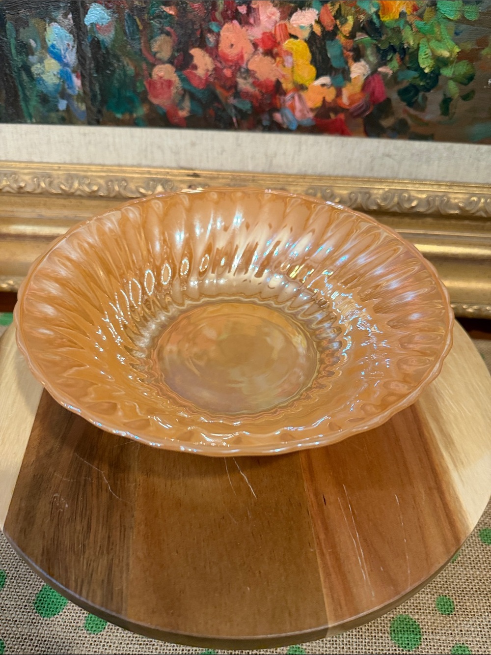 Anchor Hocking Fire King  Iridescent Peach Carnival Glass Serving Bowl